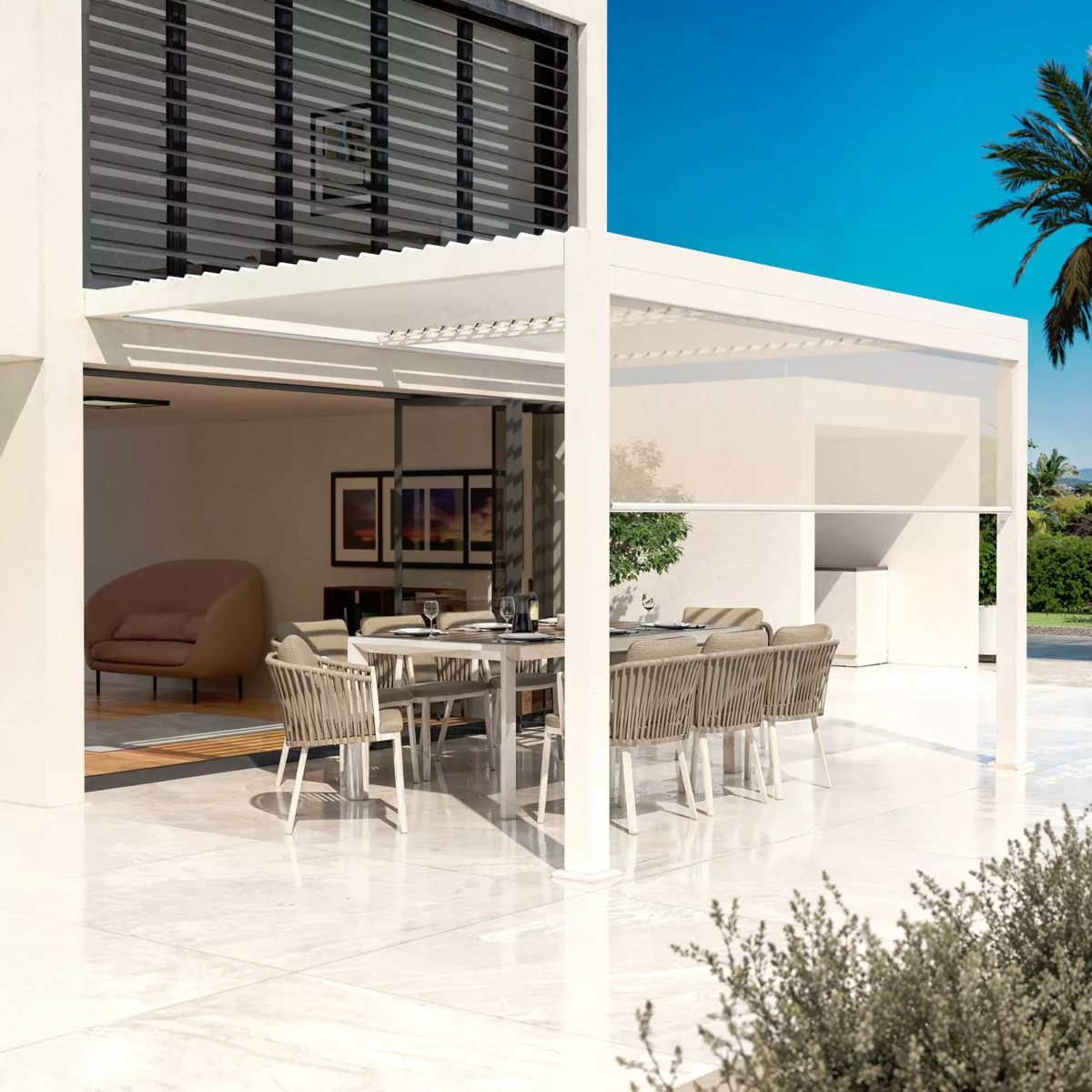 Pergola bioclimatique adossée motorisée aluminium (3 x 4 m) LED - Blanc