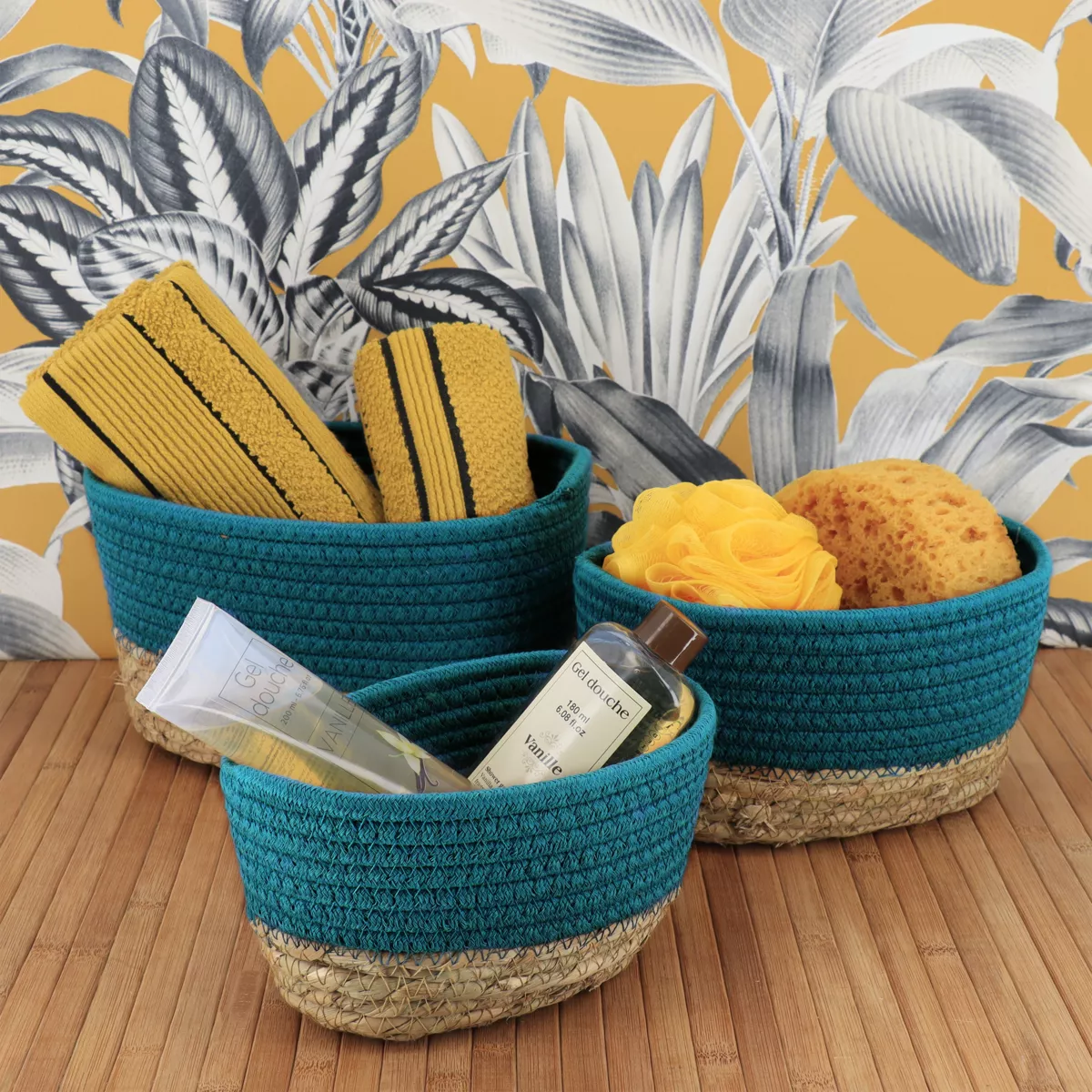 SET DE 3 PANIERS RECTANGULAIRE COTON/MATIERE VEGETALE - BLEU TAHITIEN/NATUREL