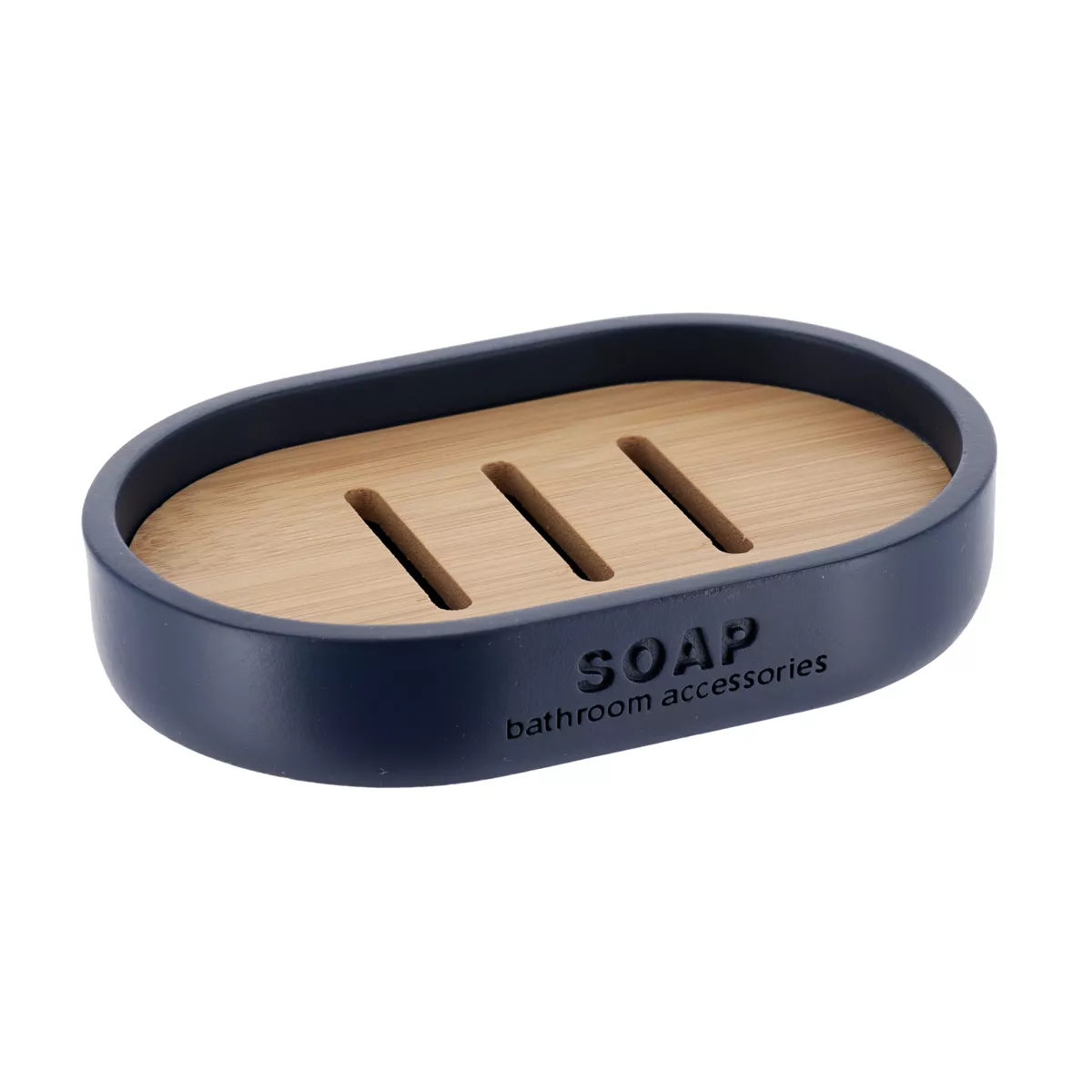 SET GOBELET DISTRIBUTEUR A SAVON ET PORTE SAVON POLYRESINE - BLEU MARINE/BAMBOU