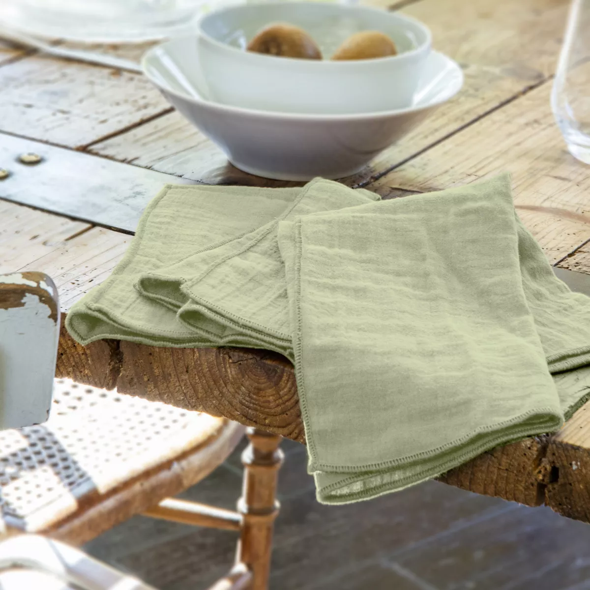 Lot de 3 serviettes gaze de coton Gaïa Vert tilleul 1