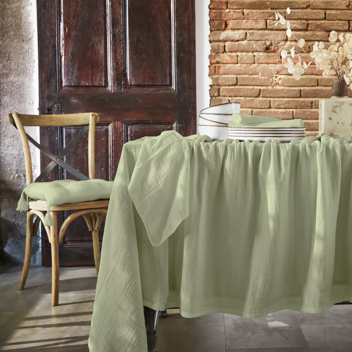 Lot de 3 serviettes gaze de coton Gaïa Vert tilleul