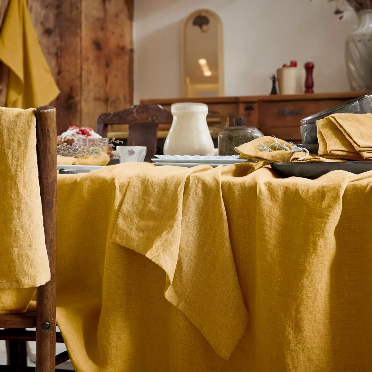 Nappe rectangulaire lin lavé (L250 cm) Louise Jaune moutarde