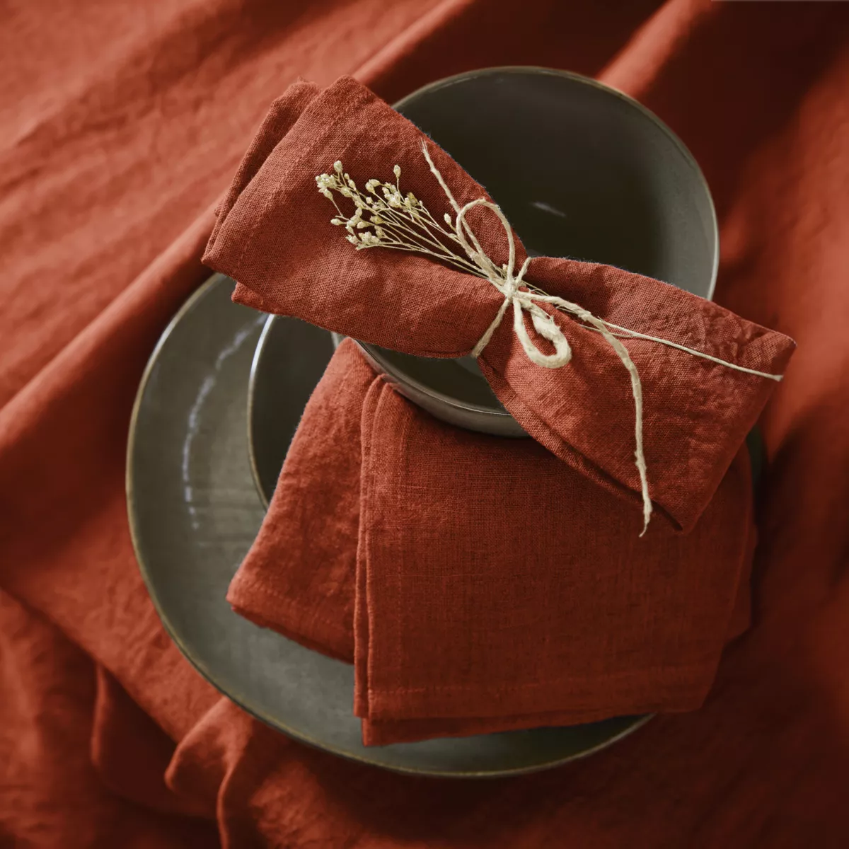 Set van 3 servetten gewassen linnen Louise Terracotta 1