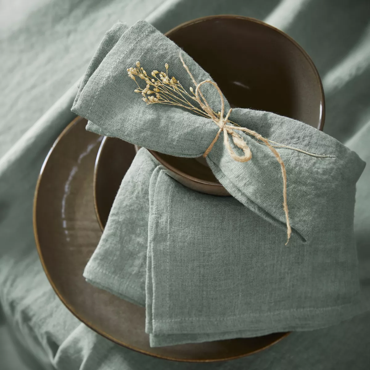 Lot de 3 serviettes lin lavé Louise Vert eucalyptus 1