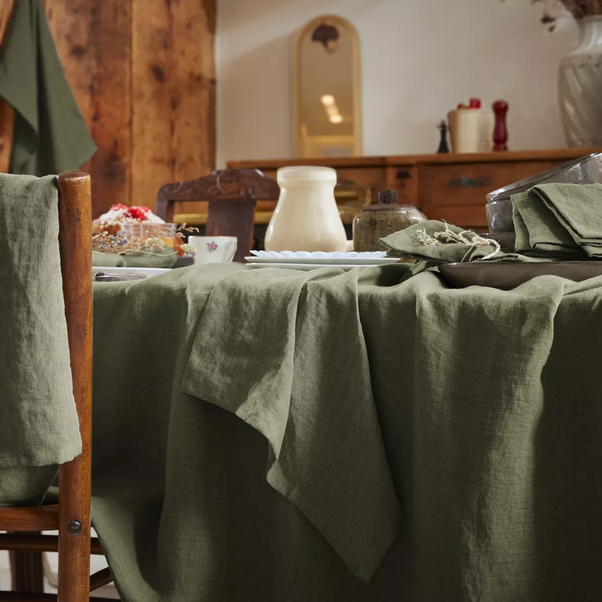 Mantel rectangular lino lavado (L350 cm) Louise Verde romero