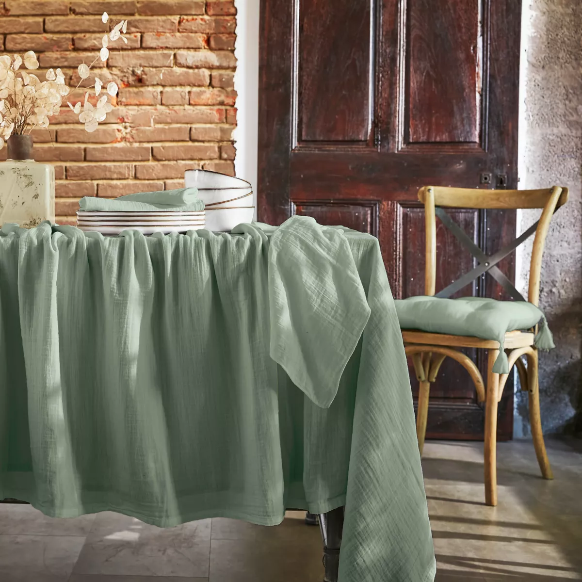 Nappe rectangulaire gaze de coton (150 x 350 cm) Gaïa Vert eucalyptus