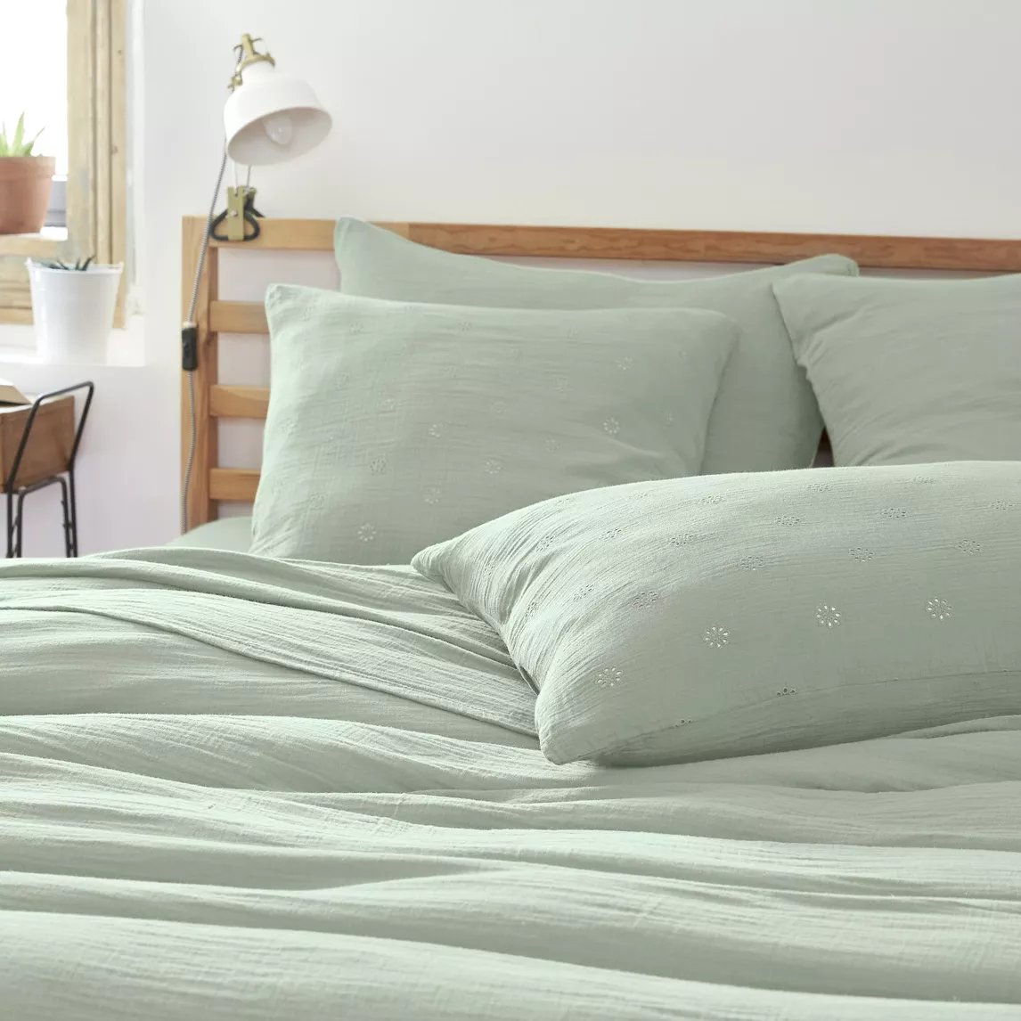 Funda de almohada cuadrada de gasa de algodón (60 x 60 cm) Gaïa Boho Verde eucalipto