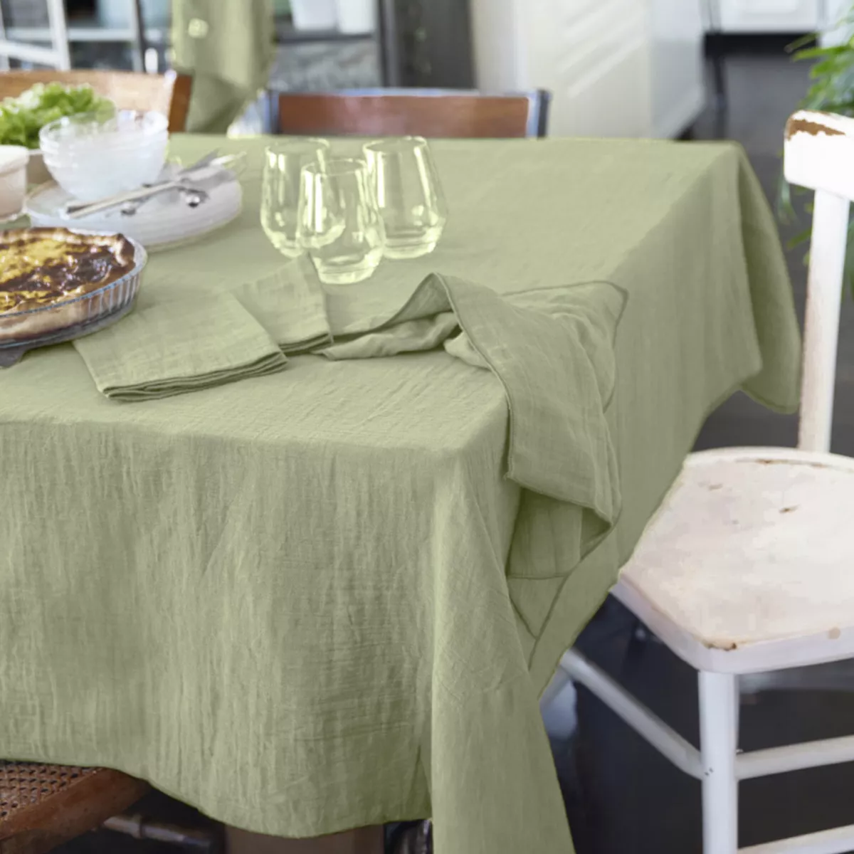 Mantel rectangular en gasa de algodón (L350 cm) Gaïa Verde tilo