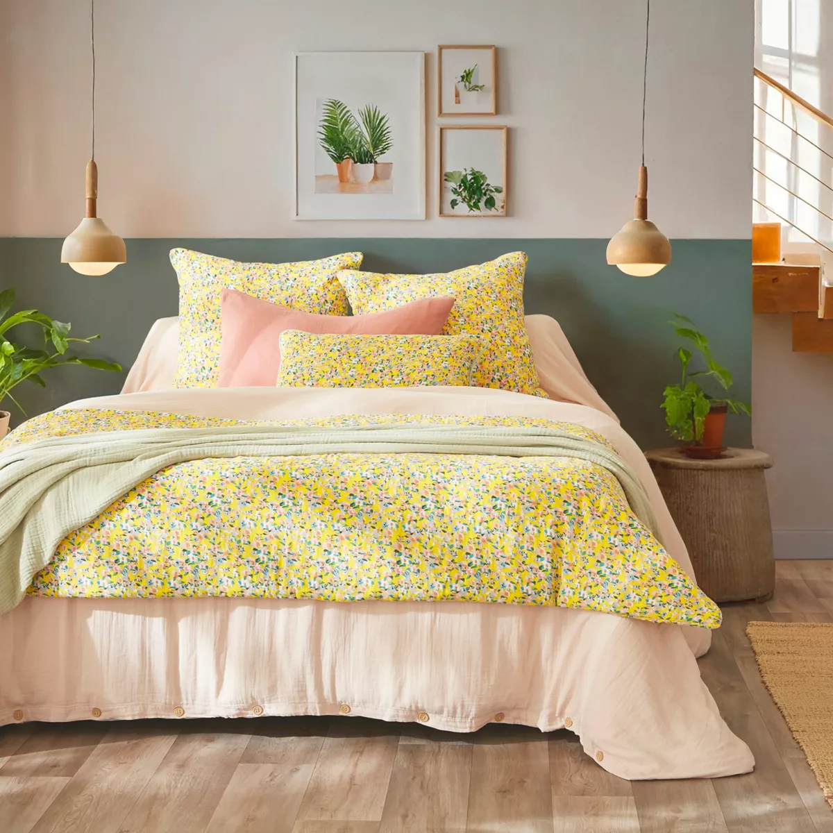 Funda de almohada cuadrada en gasa de algodón (60 x 60 cm) Abigaël Amarillo