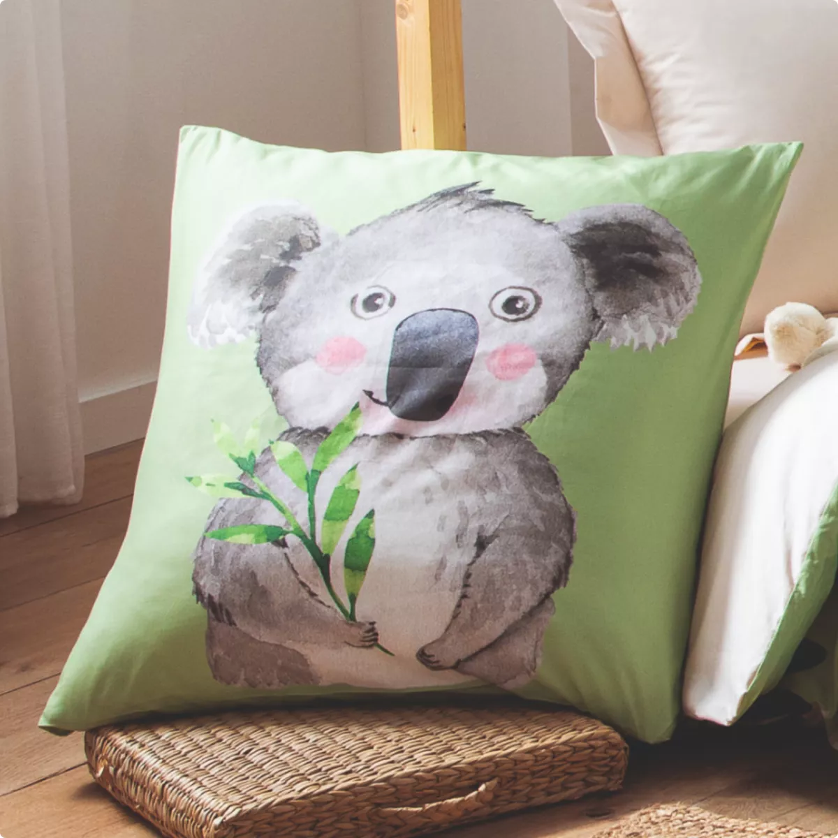 Funda de almohada cuadrada para niños en percal de algodón ( 65 x 65 cm) Panda Verde