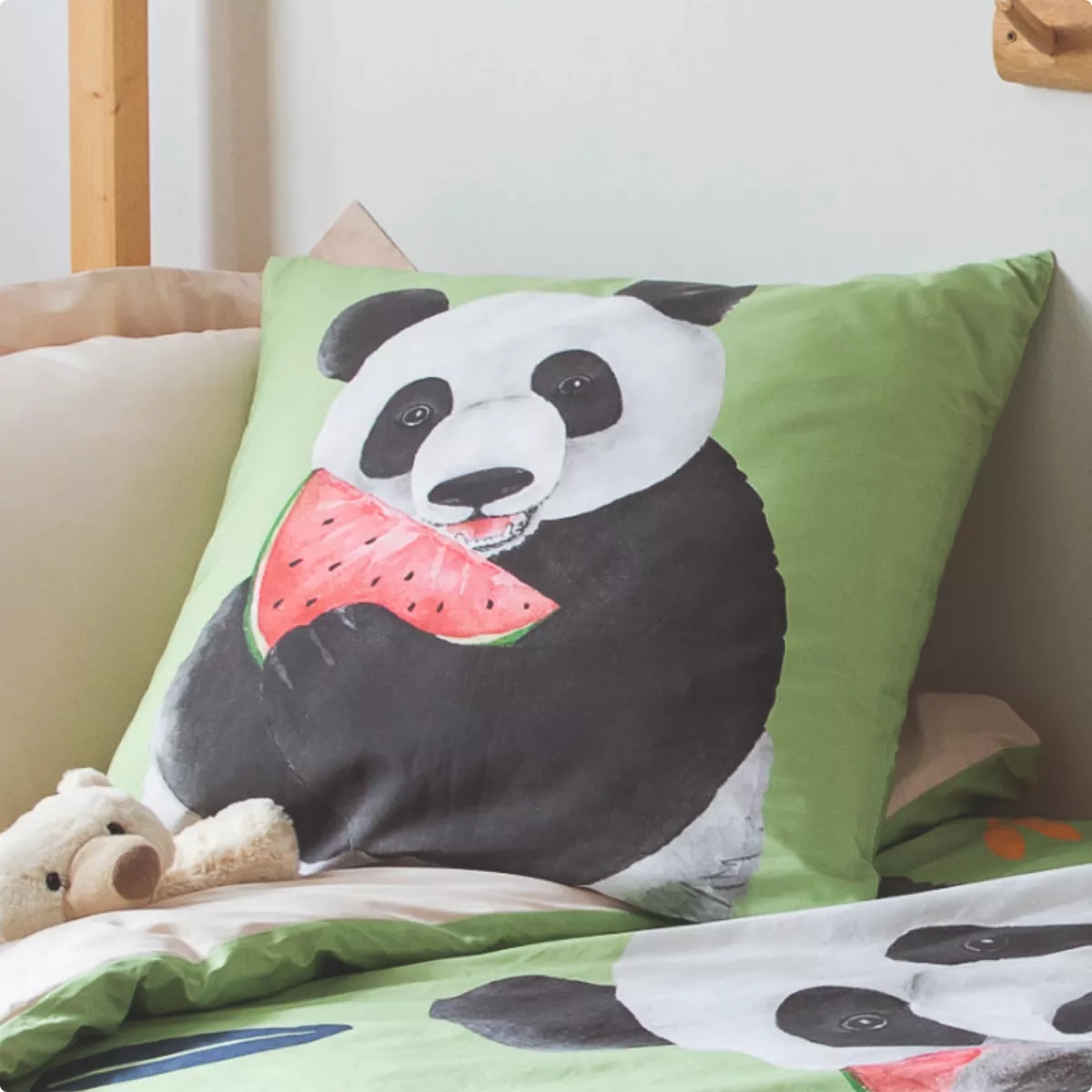 Funda de almohada cuadrada para niños en percal de algodón ( 65 x 65 cm) Panda Verde