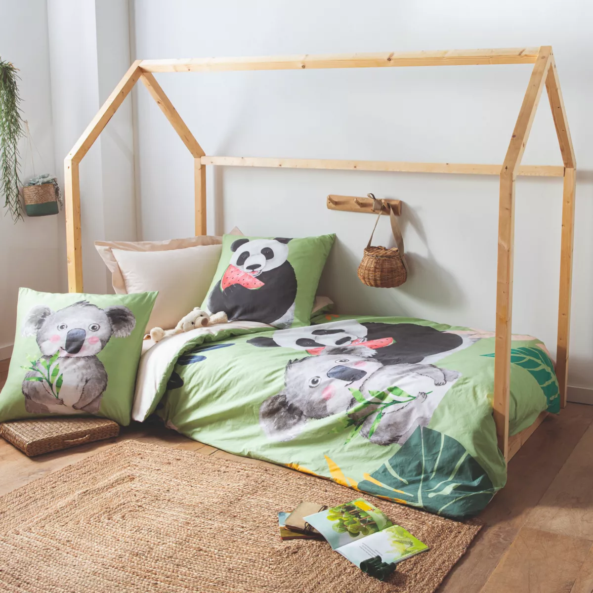 Funda de almohada cuadrada para niños en percal de algodón ( 65 x 65 cm) Panda Verde