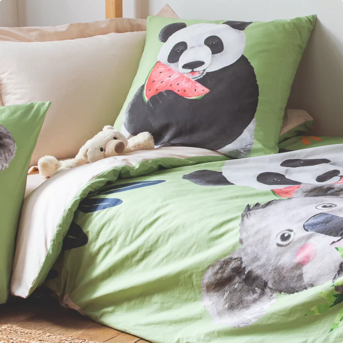 Dekbedovertrek kind percale katoen (200 x 200 cm) Panda Groen