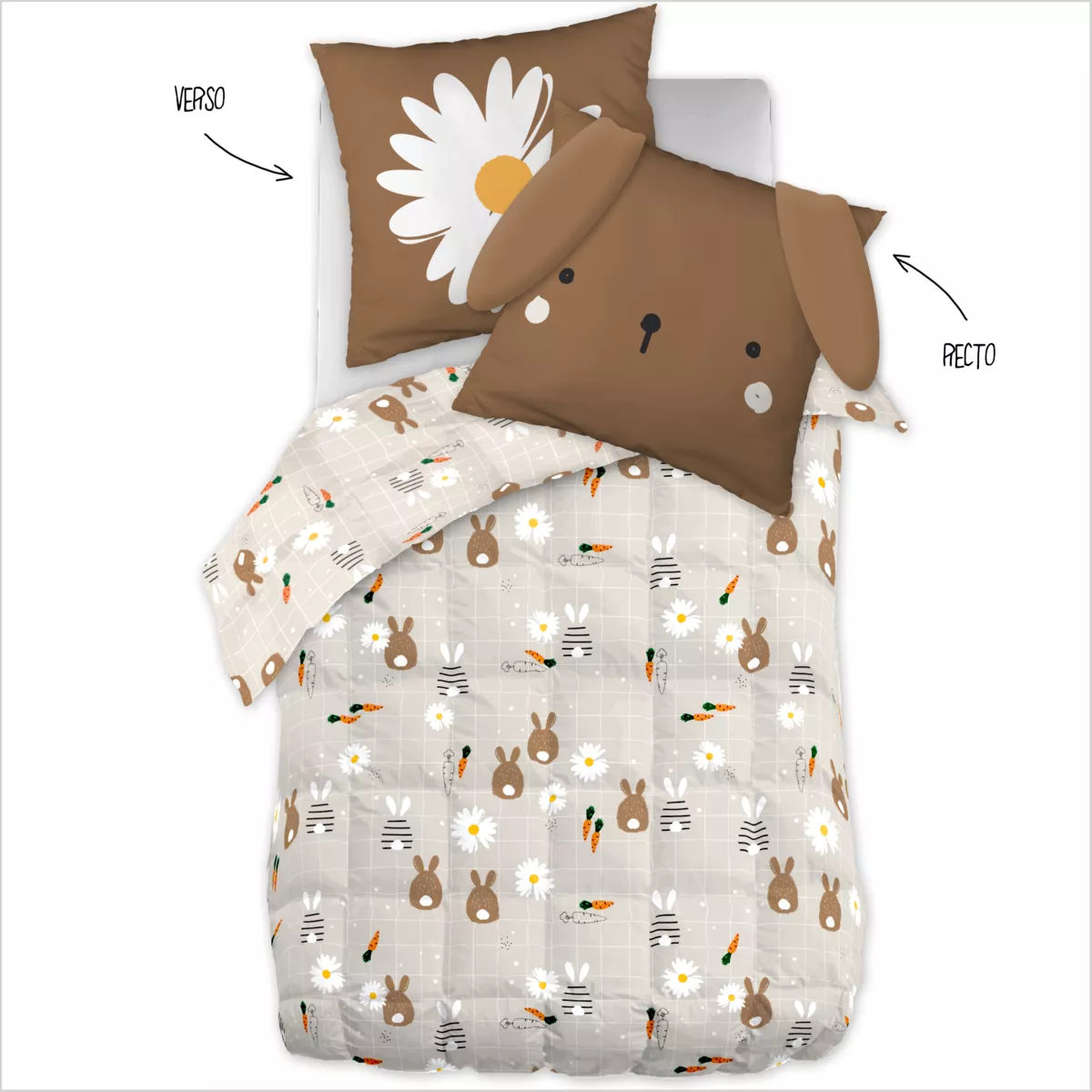 Edredón nórdico estampado y su funda de almohada para niño (140 x 200 cm) Pompon Marrón