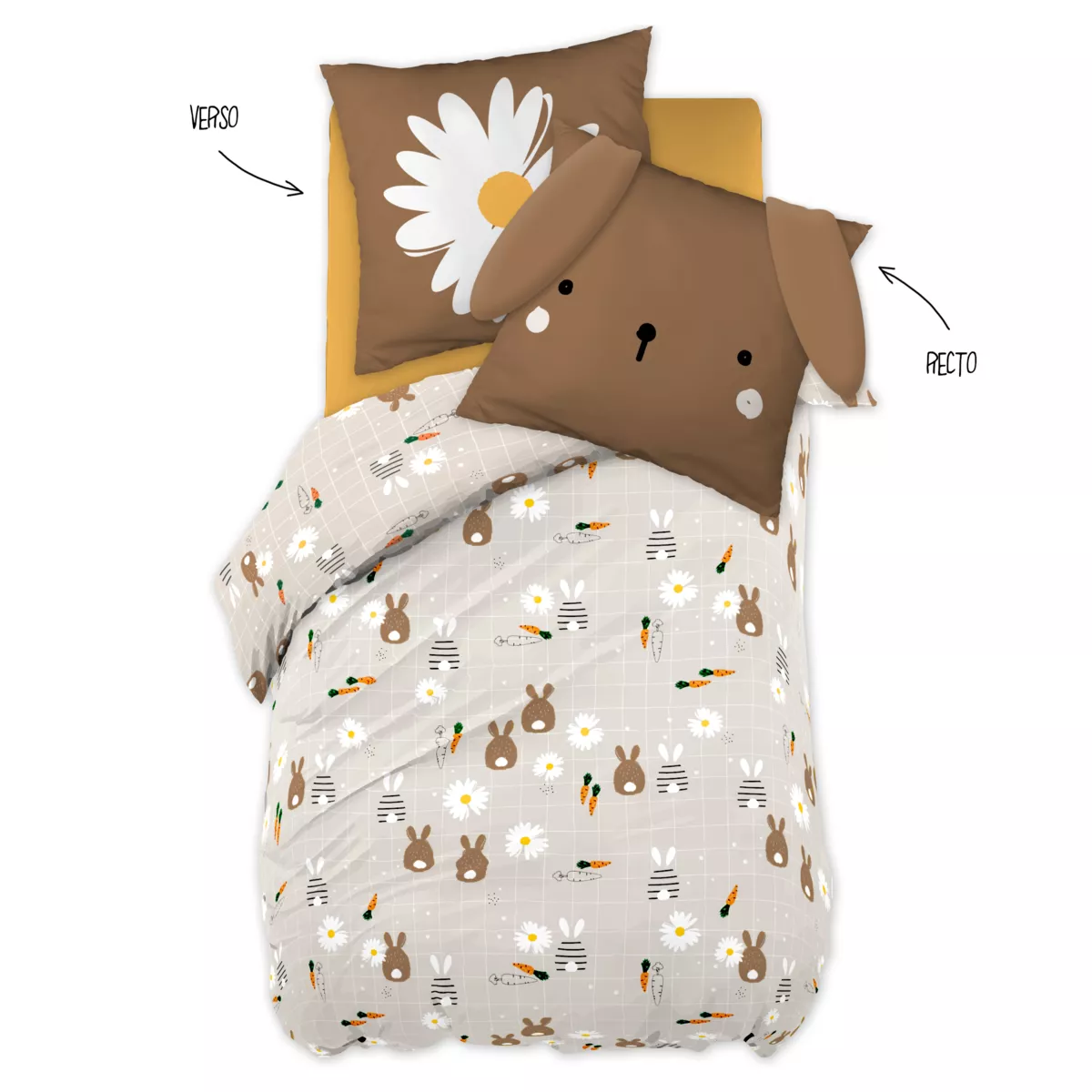 Housse de couette et une taie enfant coton (140 x 200 cm) Pompon Marron