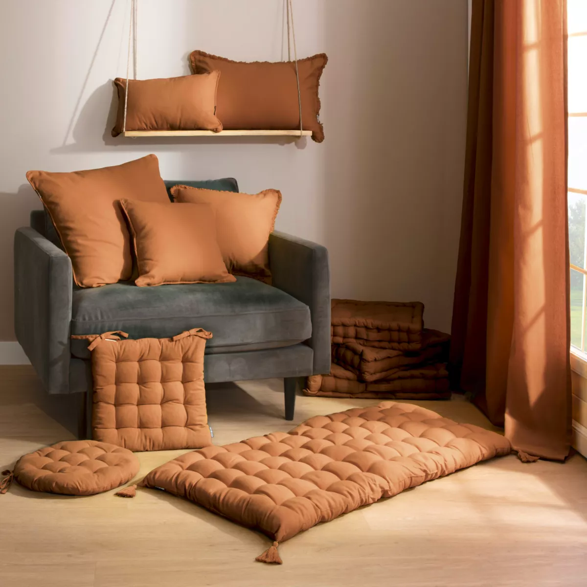 Coussin rectangulaire coton (40 x 60 cm) Pixel franges Camel