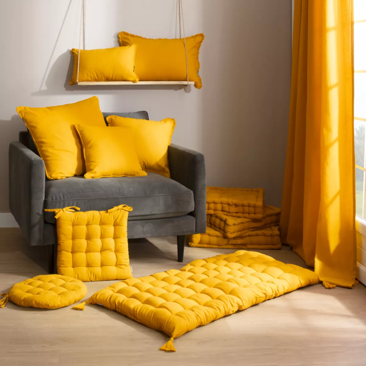 Cuscino quadrato in cotone (40 x 40 cm) Pixel Giallo senape