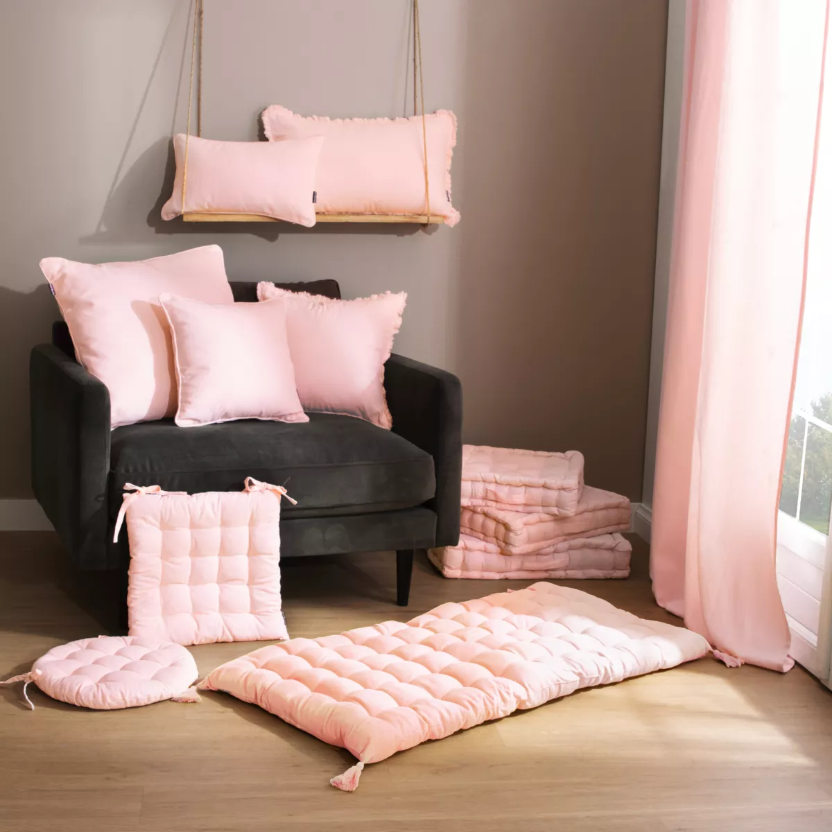 Coussin de chaise rond coton (40 cm) Pixel Rose poudré