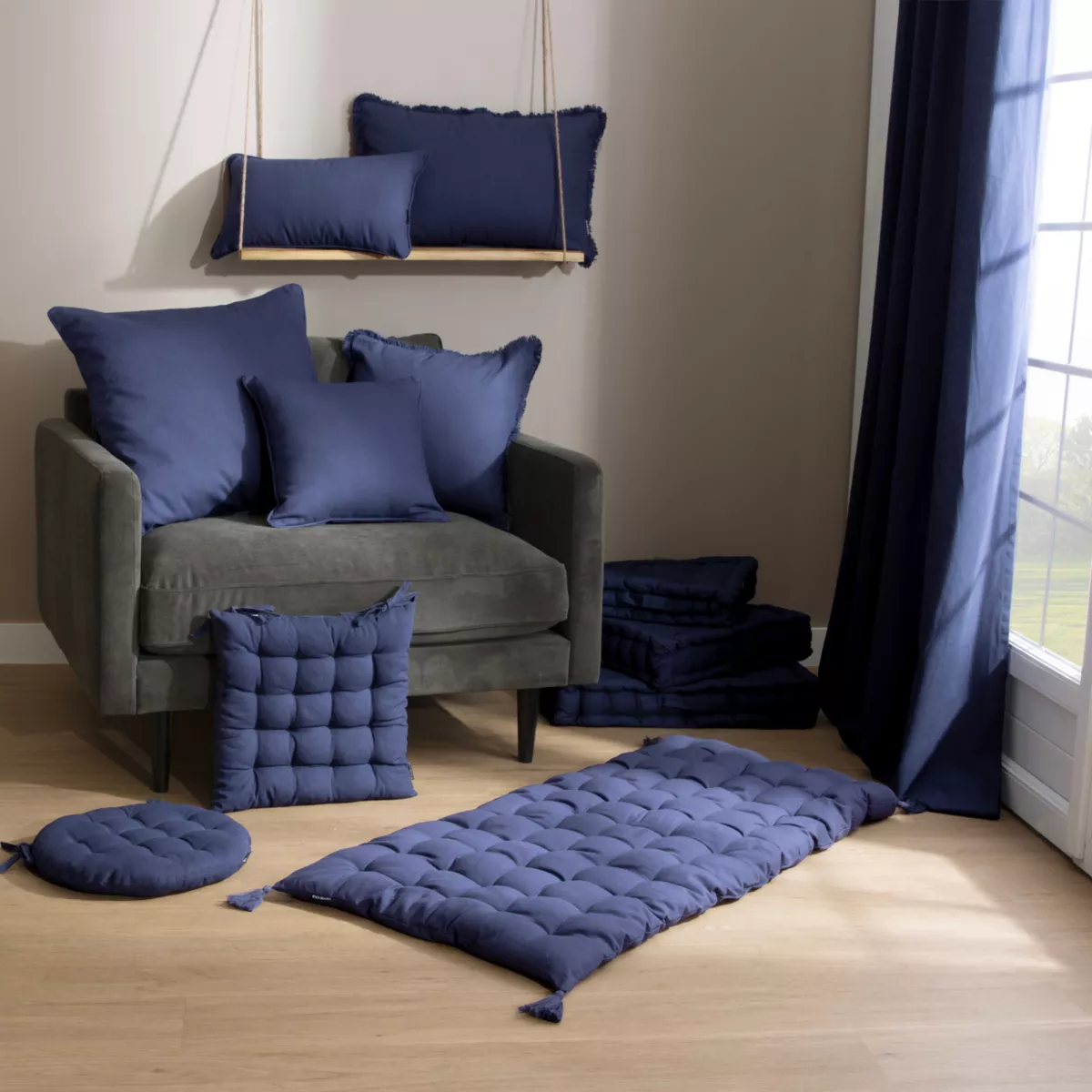 Coussin rectangulaire coton (40 x 60 cm) Pixel franges Bleu marine