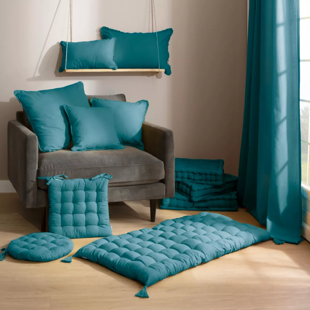 Cojín de suelo en algodón (40 x 40 cm) Pixel Azul trullo