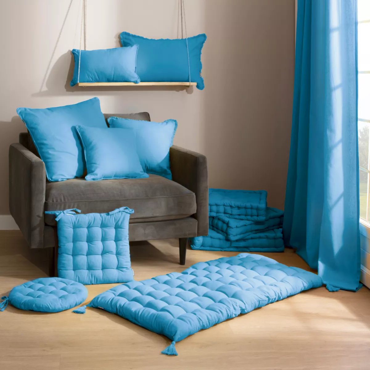 Coussin rectangulaire coton (40 x 60 cm) Pixel franges Bleu turquoise