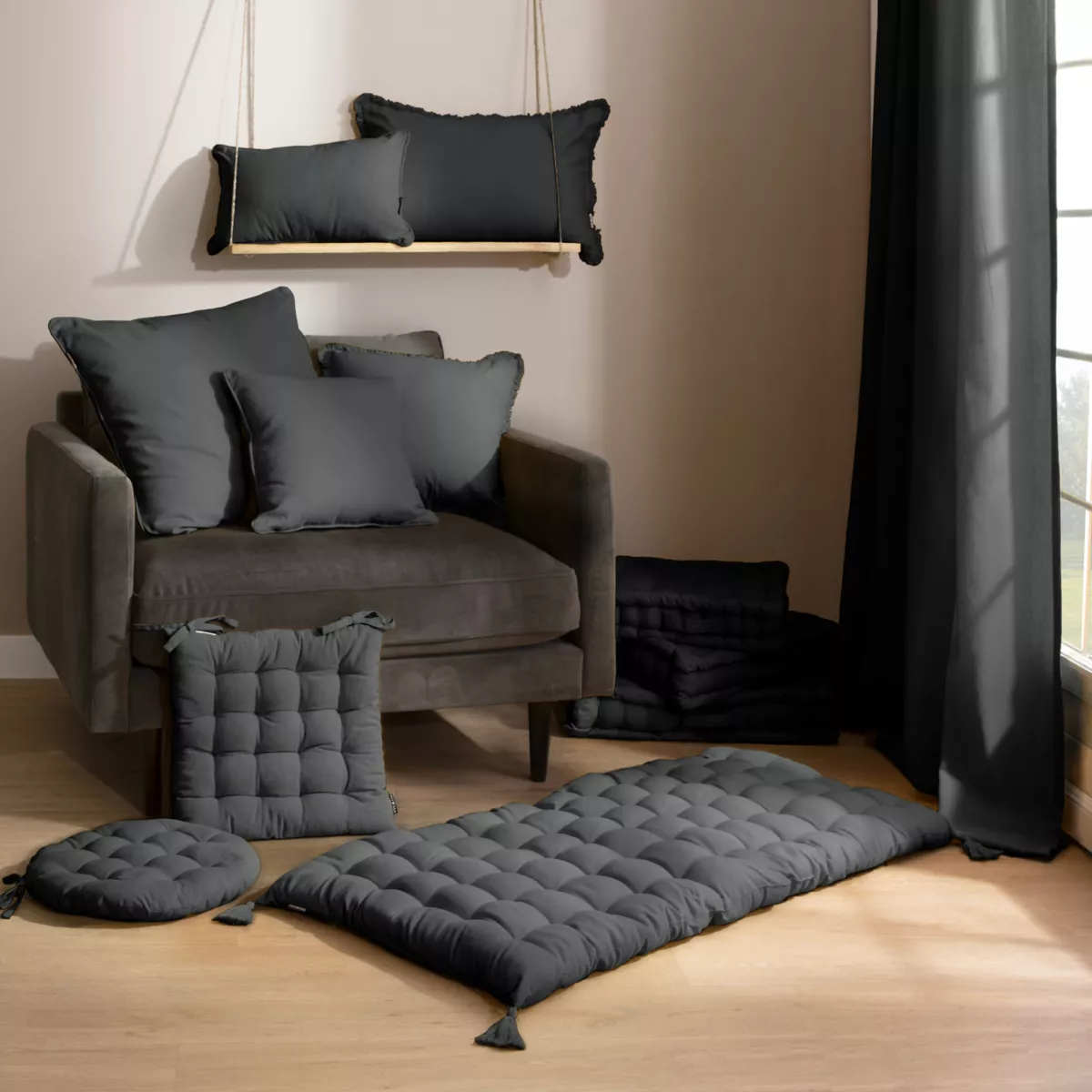Cuscino quadrato in cotone (60 x 60 cm) Pixel Grigio antracite