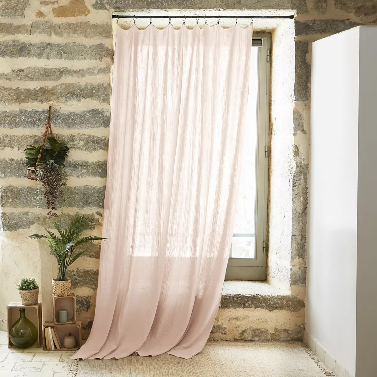 Cortina en gasa de algodón ajustable (140 x max 300 cm) Gaïa Rosa palo