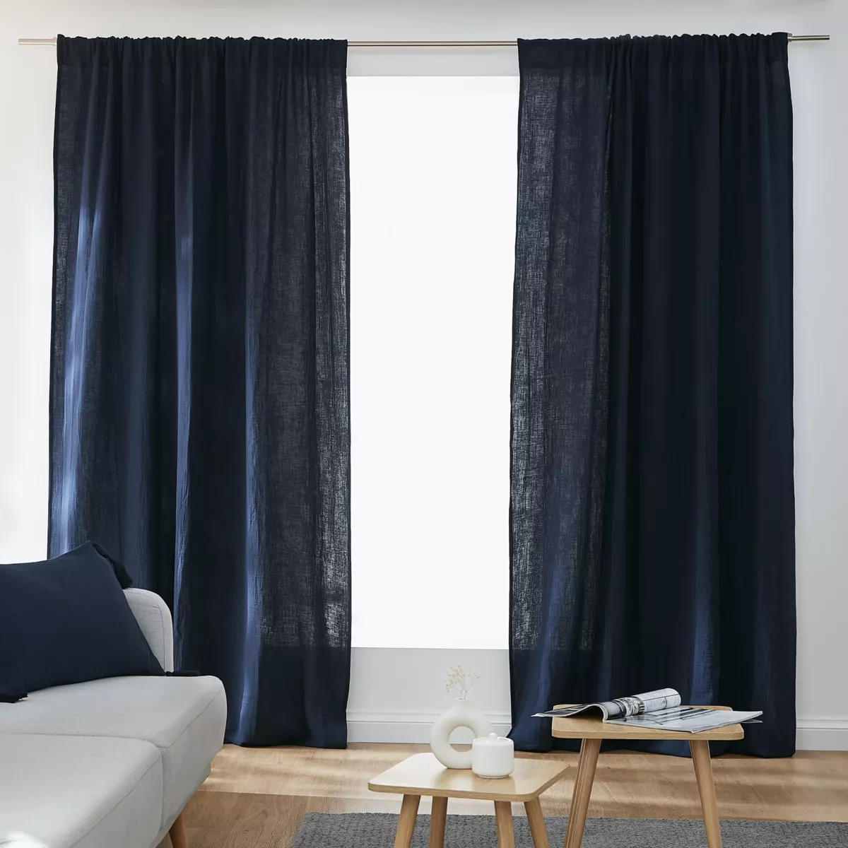 Tenda in  garza di cotone a passanti nascosti (180 x 240 cm) Gaïa Blu notte