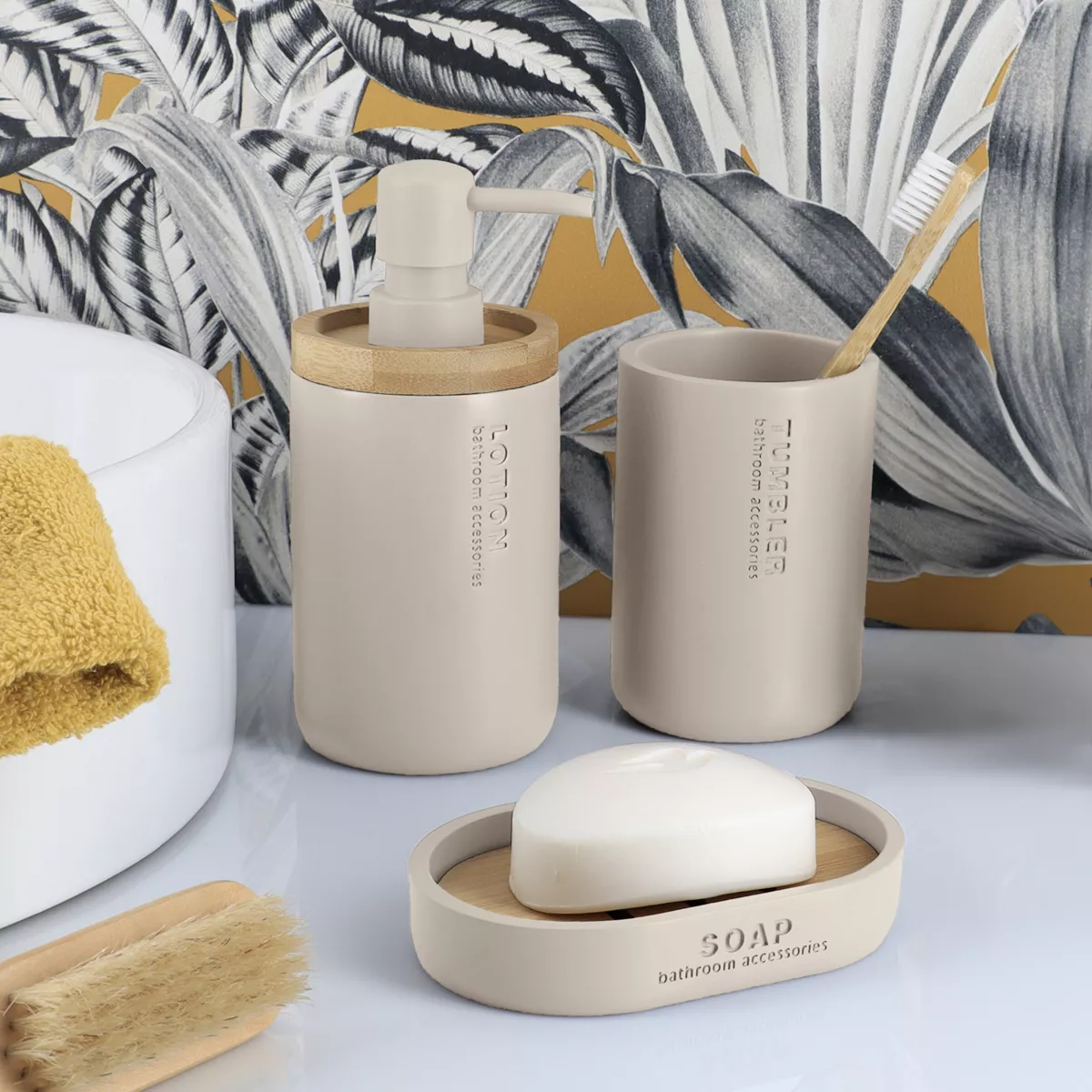 SET GOBELET DISTRIBUTEUR A SAVON ET PORTE SAVON POLYRESINE - BEIGE/BAMBOU