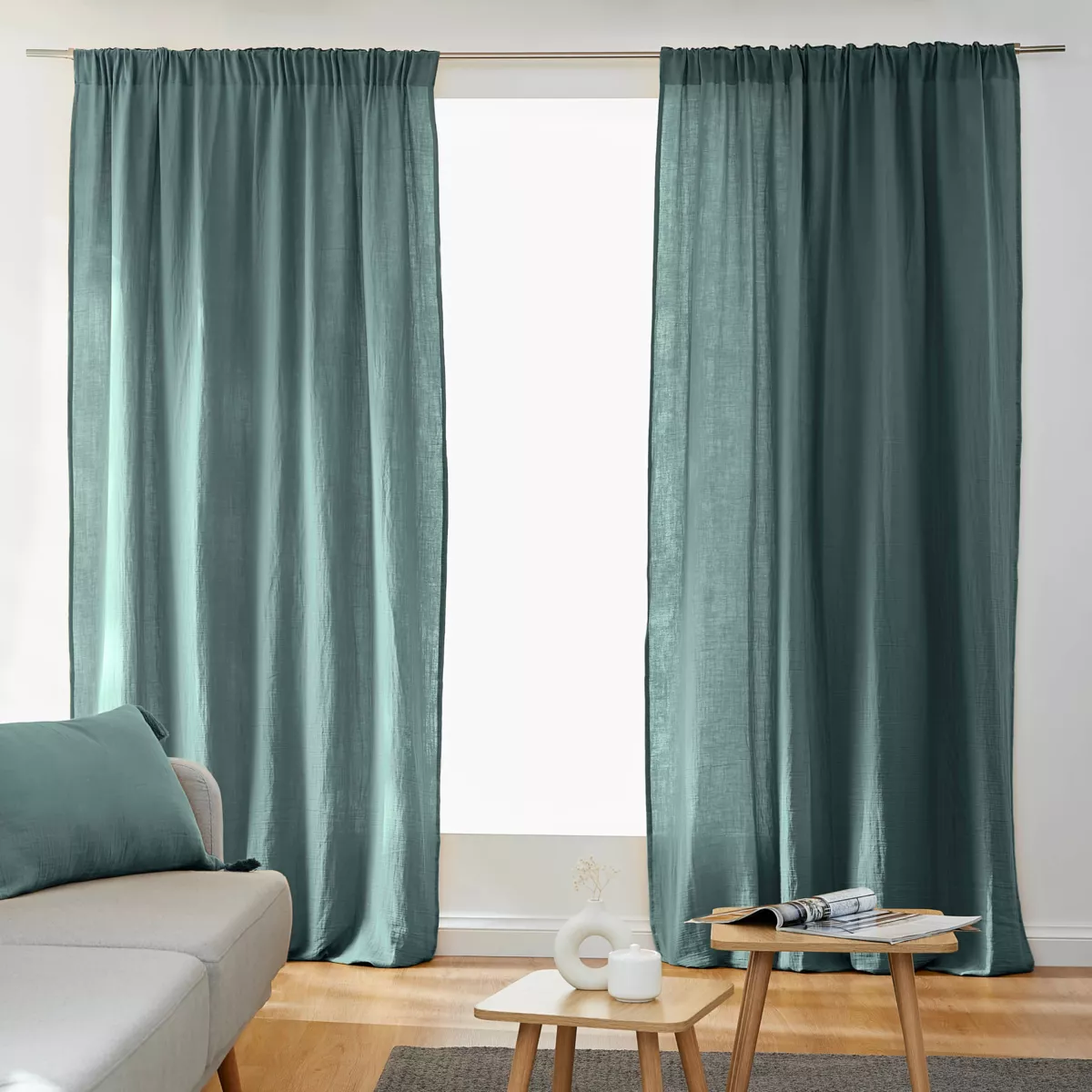 Rideau gaze de coton galon fronceur (140 x 240 cm) Gaïa Bleu canard