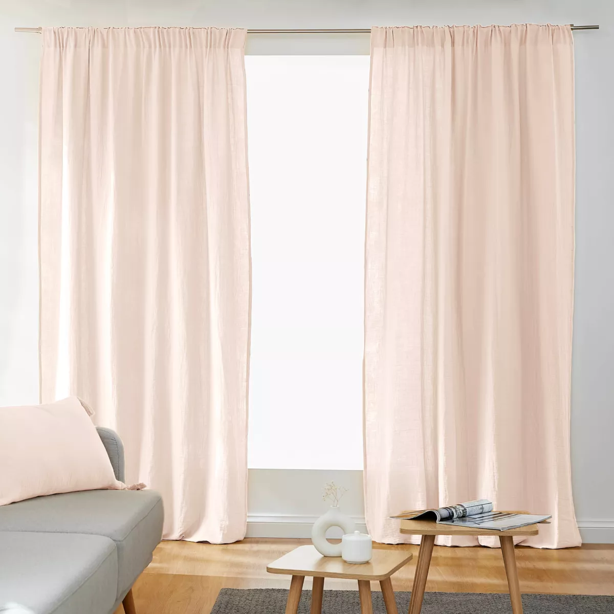 Rideau gaze de coton galon fronceur (140 x 240 cm) Gaïa Rose poudré