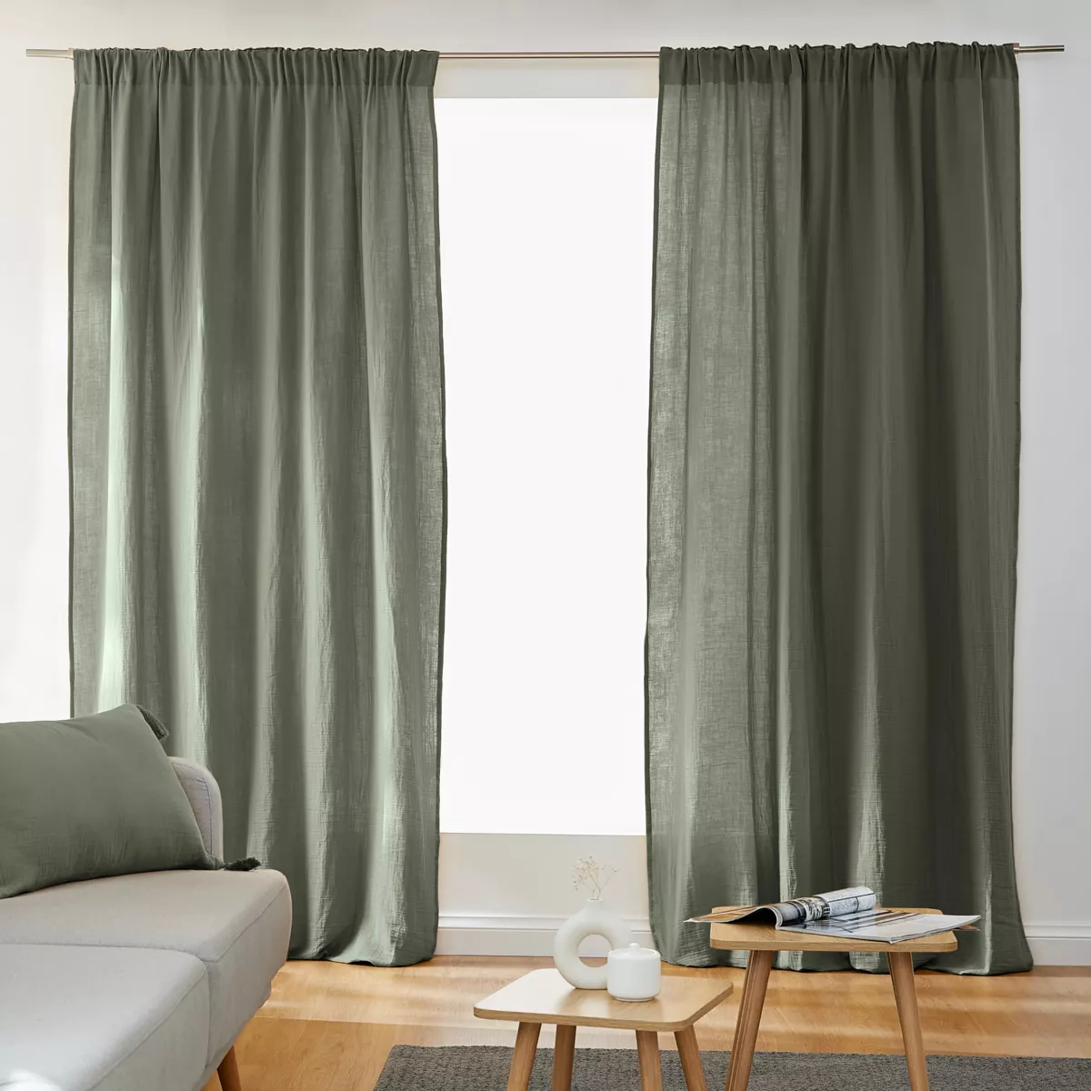 Rideau gaze de coton galon fronceur (180 x 240 cm) Gaïa Vert romarin