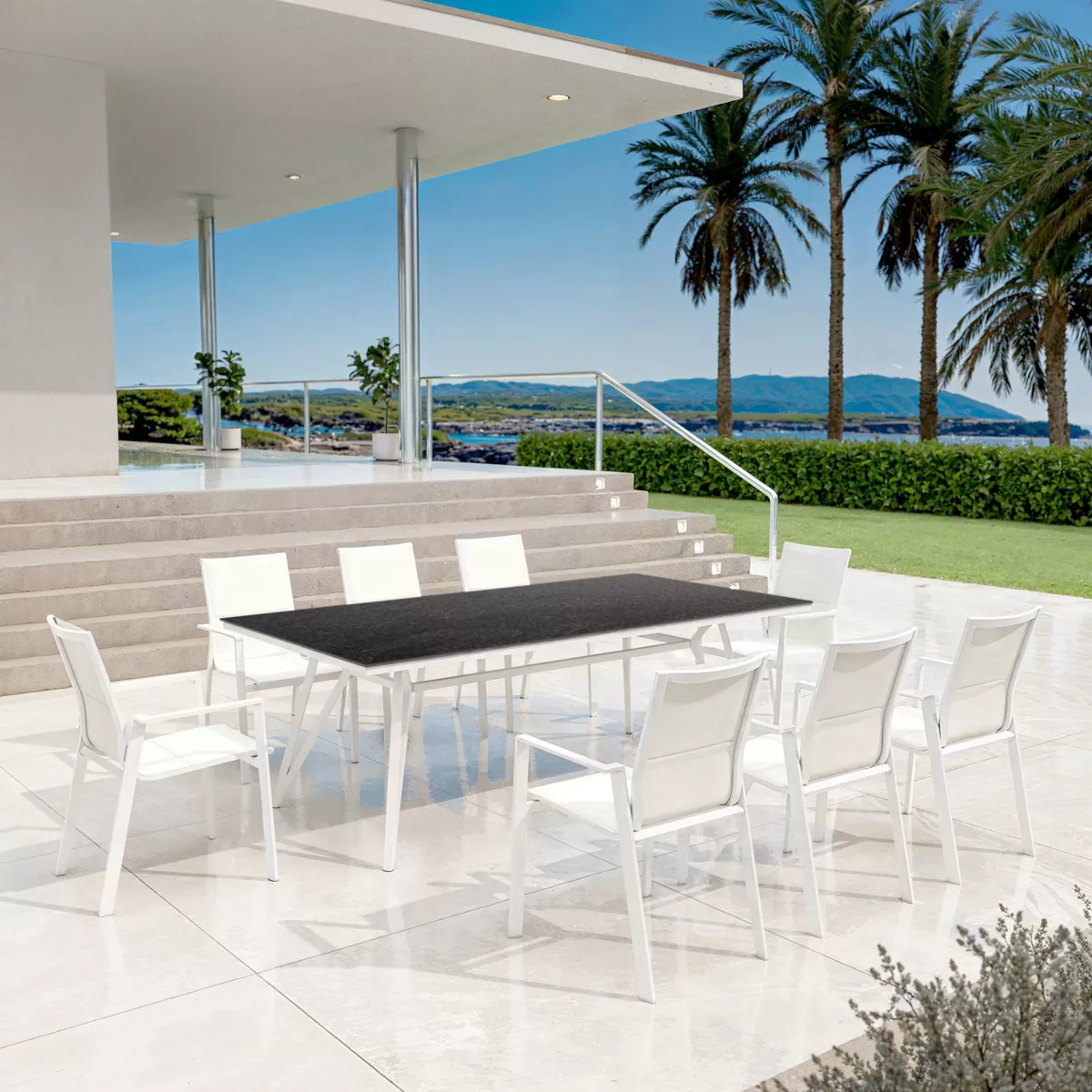 Table de jardin aluminium/HPL 10 places (220 x 115 cm) Biarritz - Effet pierre Anthracite/Blanc