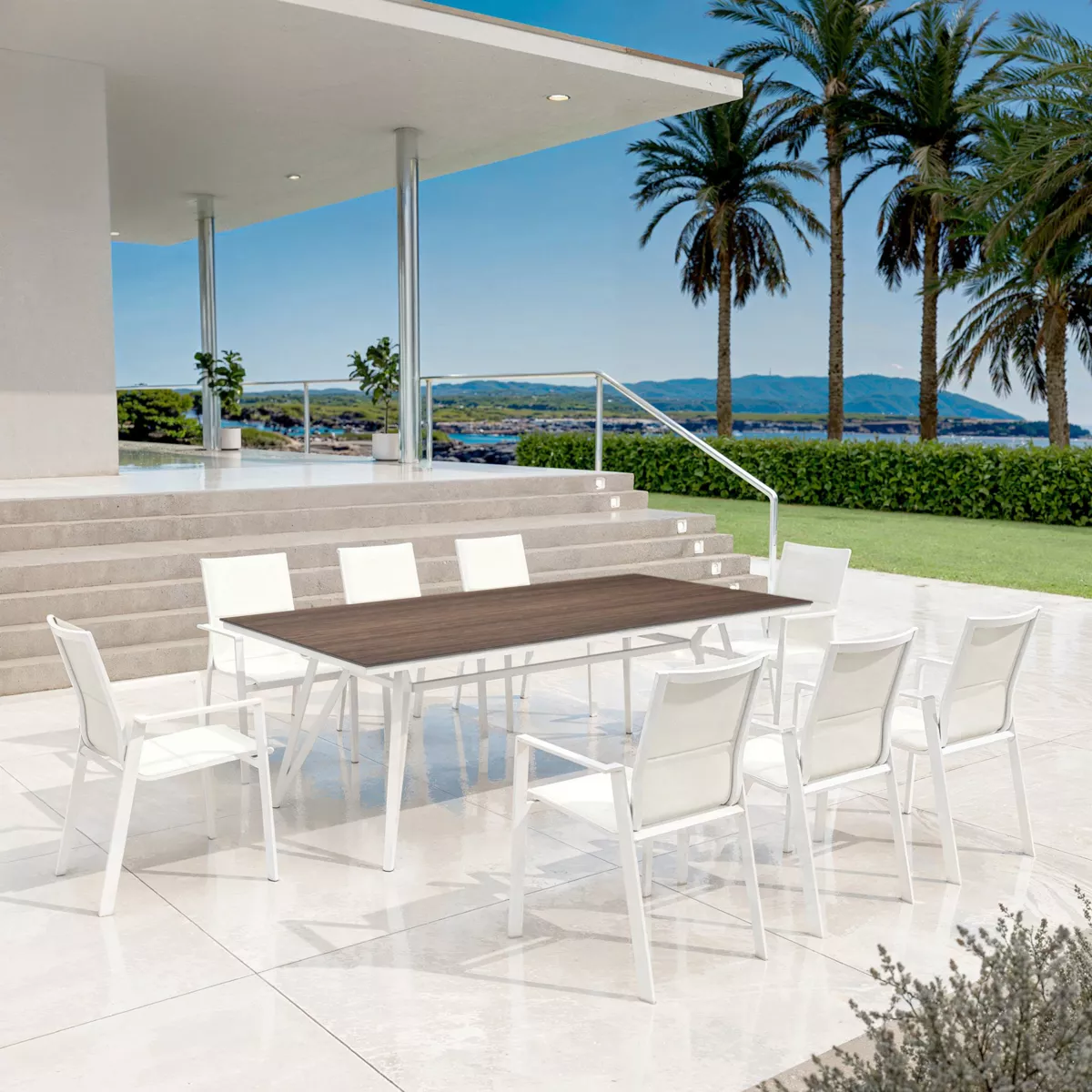 Table de jardin aluminium/HPL 10 places (220 x 115 cm) Biarritz - Effet Bois/Blanc