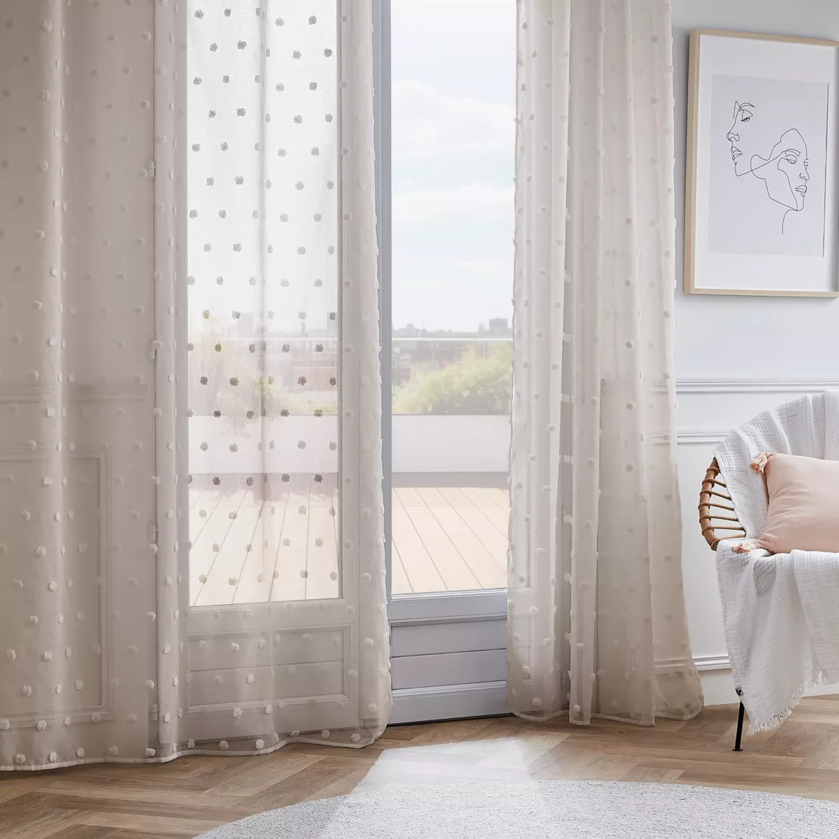 Voilage oeillets pompons (280 x 240 cm) Emie Beige