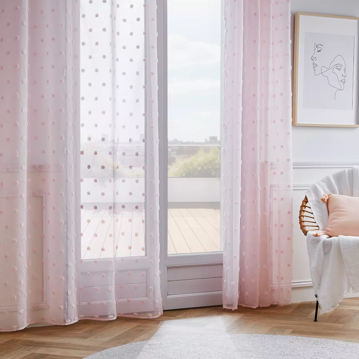 Gardine mit Ösen & Pompons (140 x 240 cm) Emie Rosa