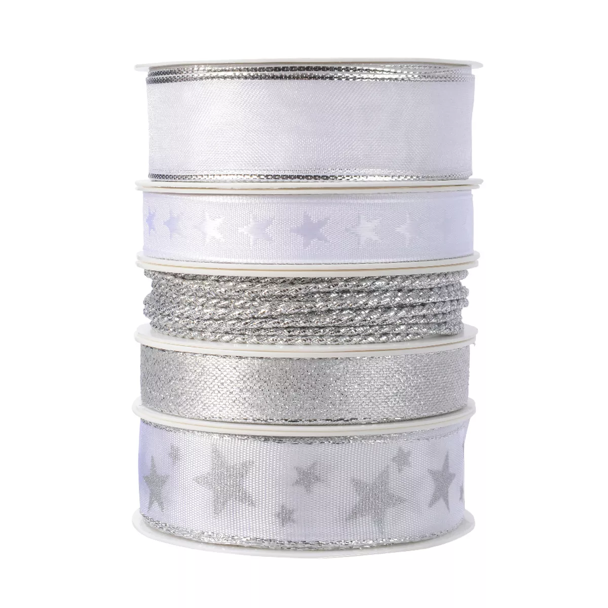 Set di 5 nastri di Natale 3 m - Raso e stelle Argento
