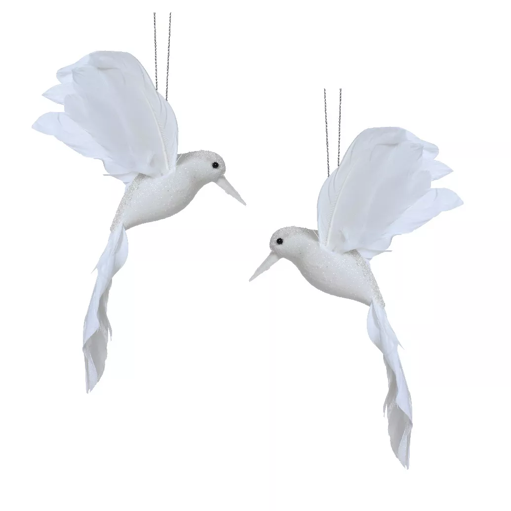 Lot de 2 oiseaux à suspendre (H8 cm) Colibri de Noël Blanc