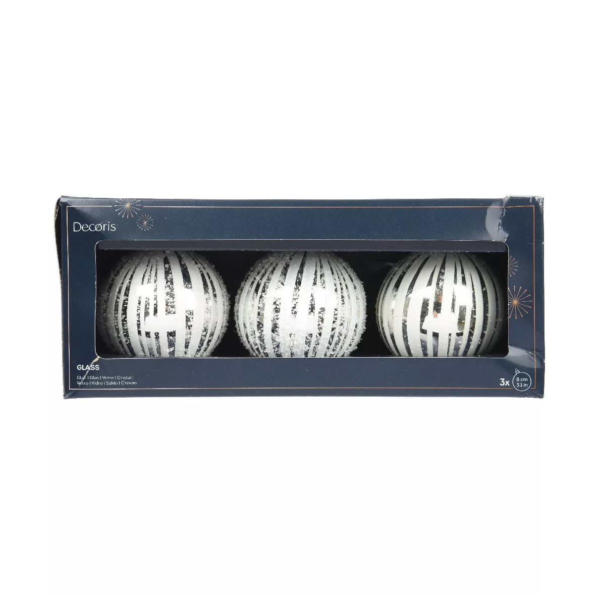 Set di 3 palline di Natale in vetro (D80 mm) Neve Bianca e argento