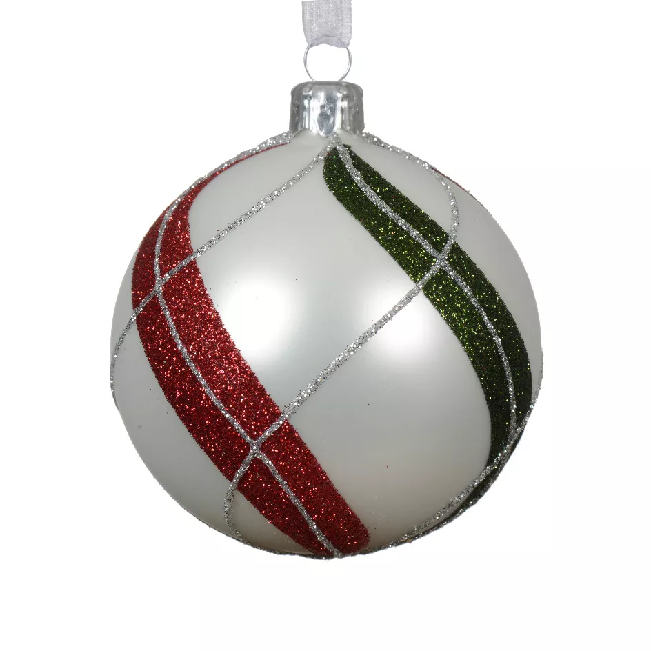 Lot de 6 boules de Noël en verre (D80 mm) Torsades Carreaux Blanc d'hiver