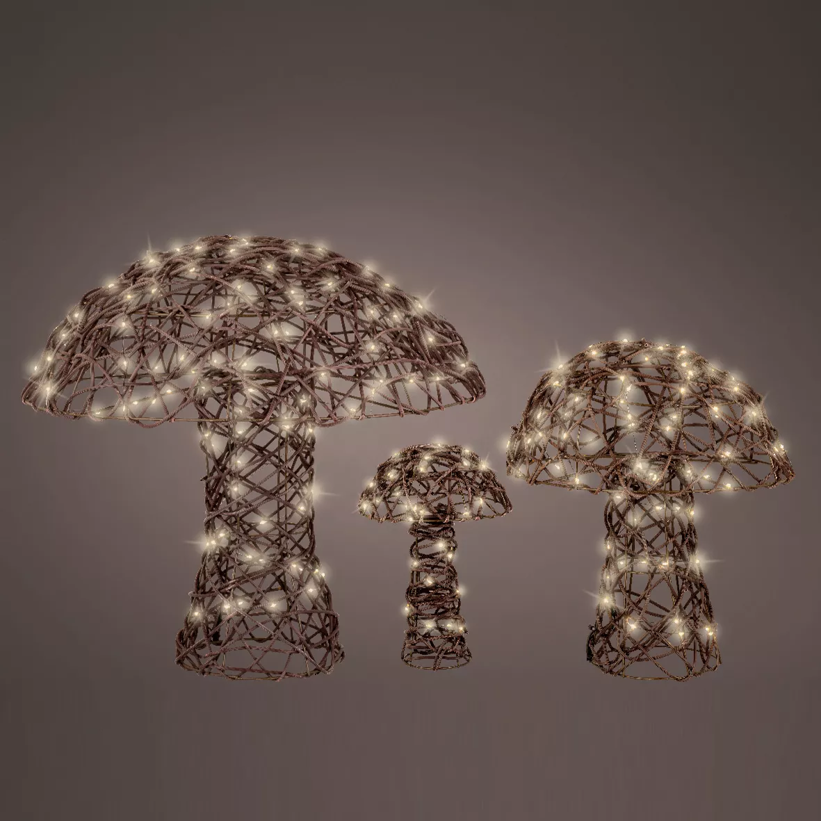 3er Set beleuchtete Pilze 260 Micro LED (H45 cm) geflochtenes Kunstharz Braun/Warmweiß