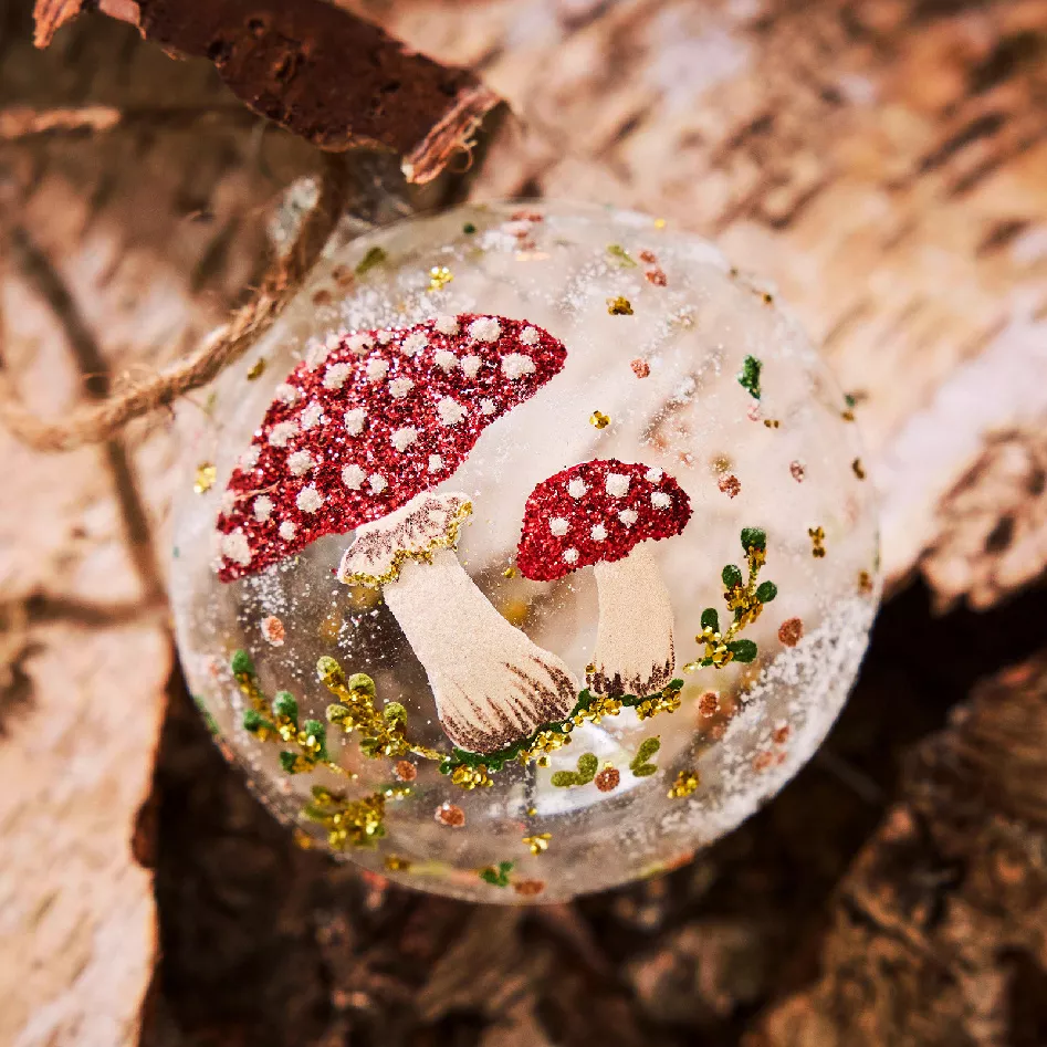 6er Set Weihnachtskugeln aus Glas (D80 mm) Waldpilz Transparent
