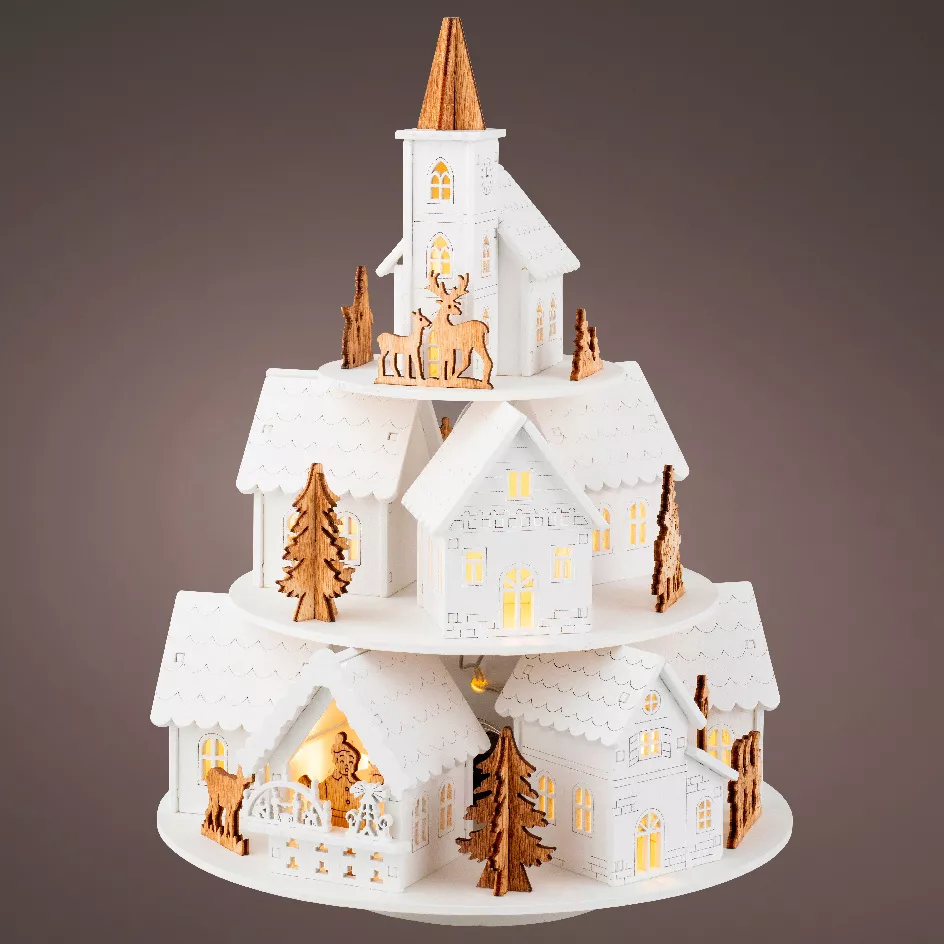 Villaggio di Natale in legno luminoso e musicale a pile (H28 cm) Case sulla collina
