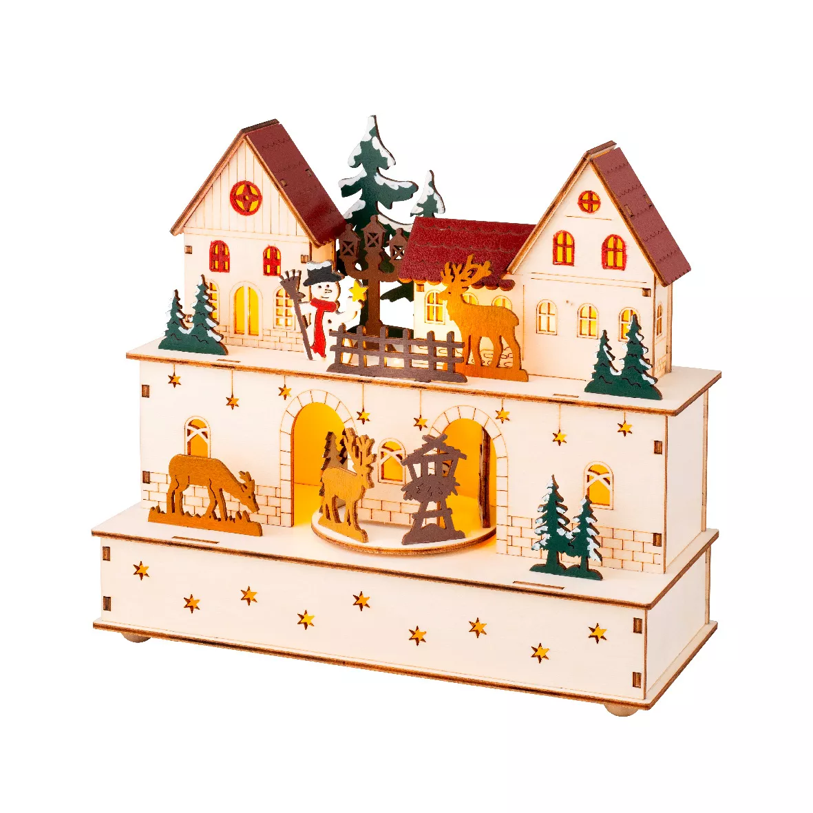Villaggio di Natale in legno luminoso e musicale a pile (24 x H21 cm) Villaggio e animali