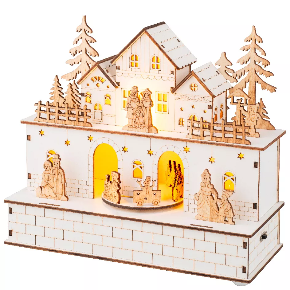 Villaggio di Natale in legno luminoso e musicale a pile (21 x H24 cm) Villaggio in festa
