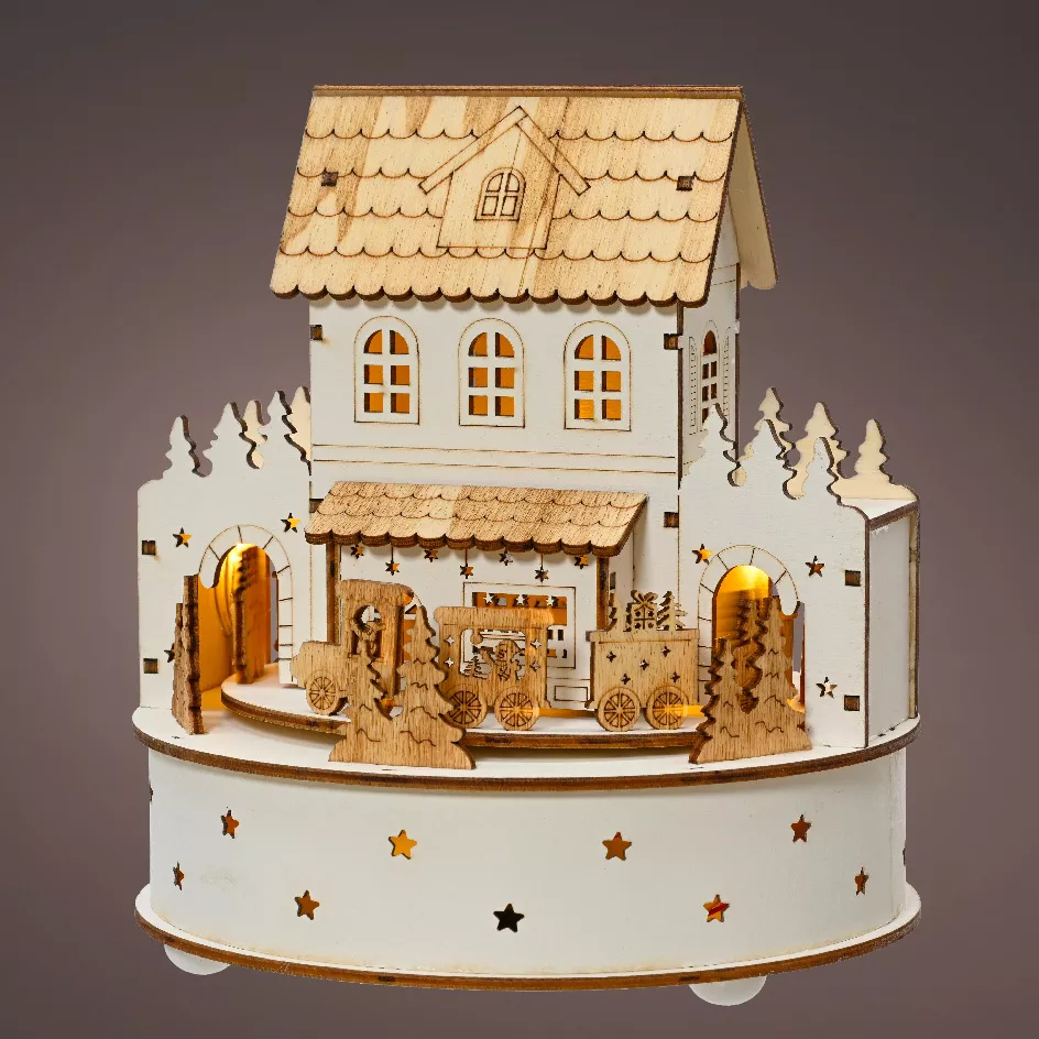 Paese di Natale in legno luminoso e musicale a pile (H19 cm) Casa di famiglia