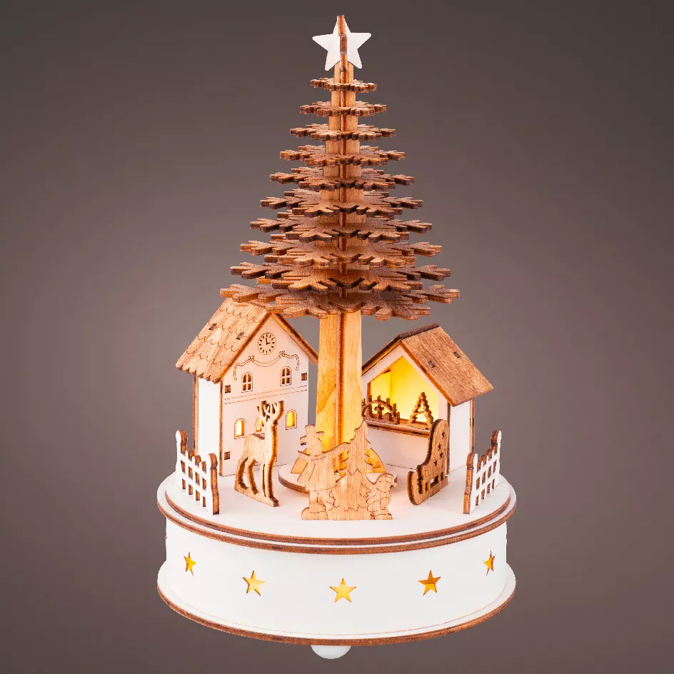 Pueblo de Navidad de madera luminoso y musical a pilas (H25 cm) Árbol de Navidad
