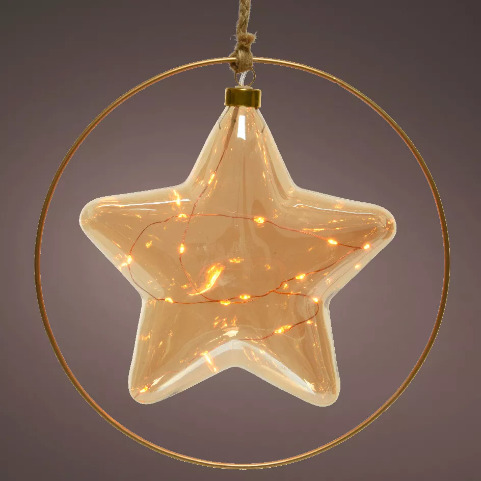 Decorazione da appendere luminosa a pile 15 LED (D26 cm) Stella Invernale Ambra/bianco caldo