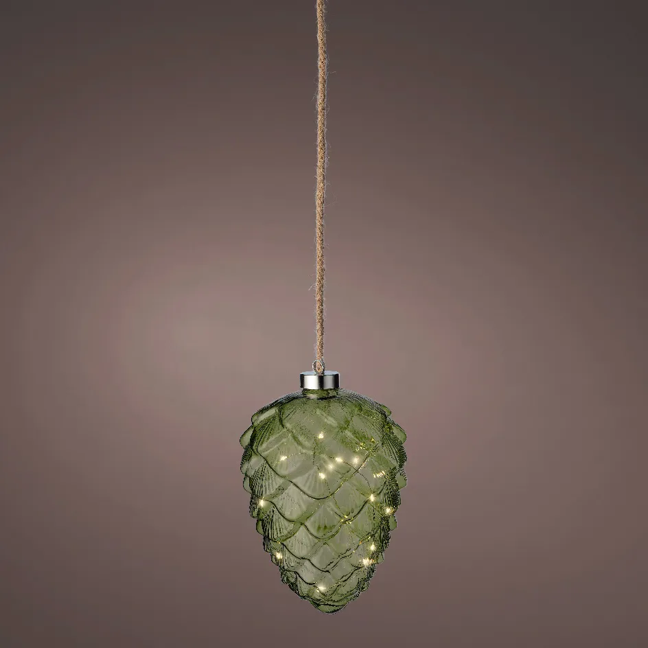 Beleuchteter Tannenzapfen aus Glas Batteriebetrieben15 LED (H21 cm) Vintage Teegrün/Warmweiß