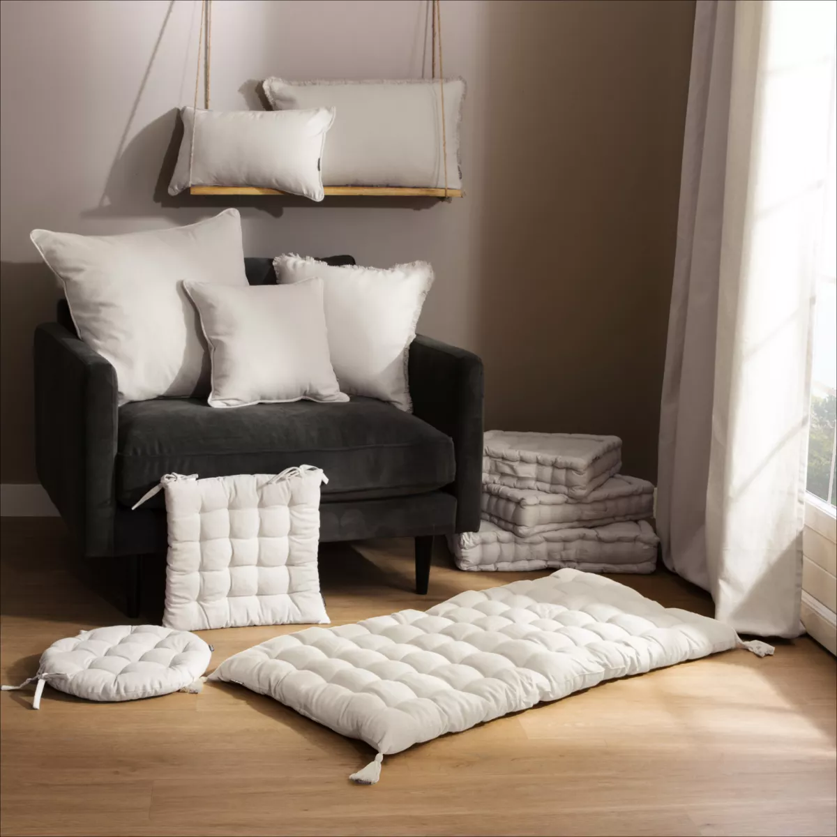 Coussin carré coton (45 x 45 cm) Pixel franges Beige